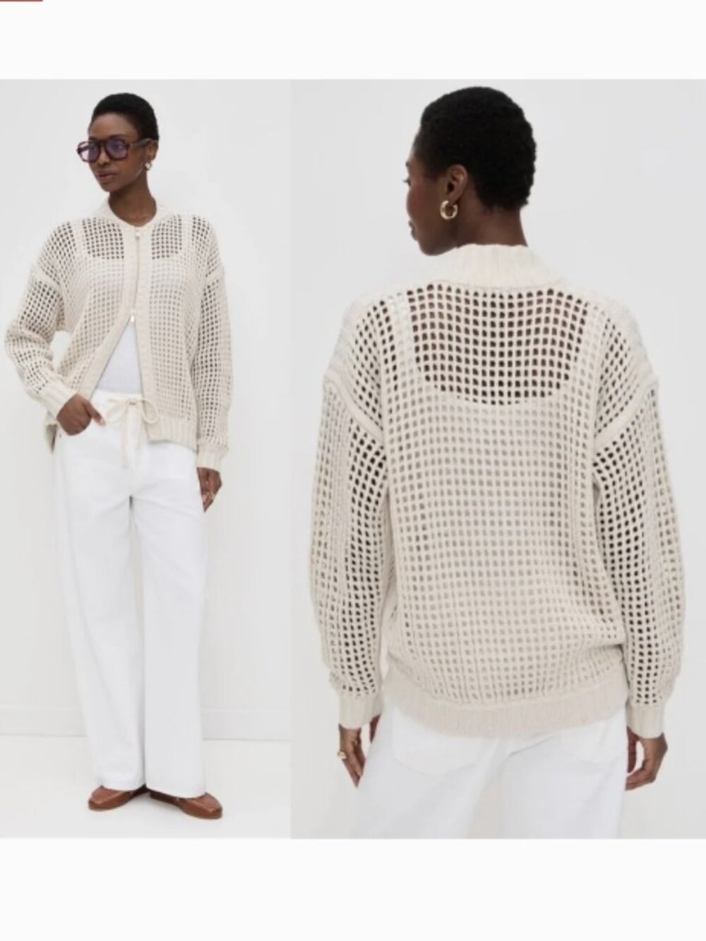 Splendid x Cella Jane Ivory Cream Cotton Blend Open Knit Zip Cardigan Sweater S